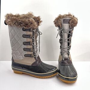 Khombu Boots Womens Size 11 Brown Gray Faux Fur Tall Lace Up Snow Duck Winter